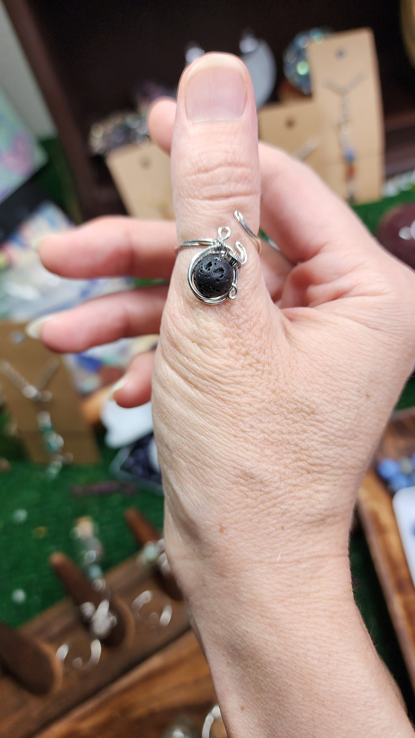 Black Lava Stone Twisted Wire Wrapped Ring 🖤 (Adjustable)