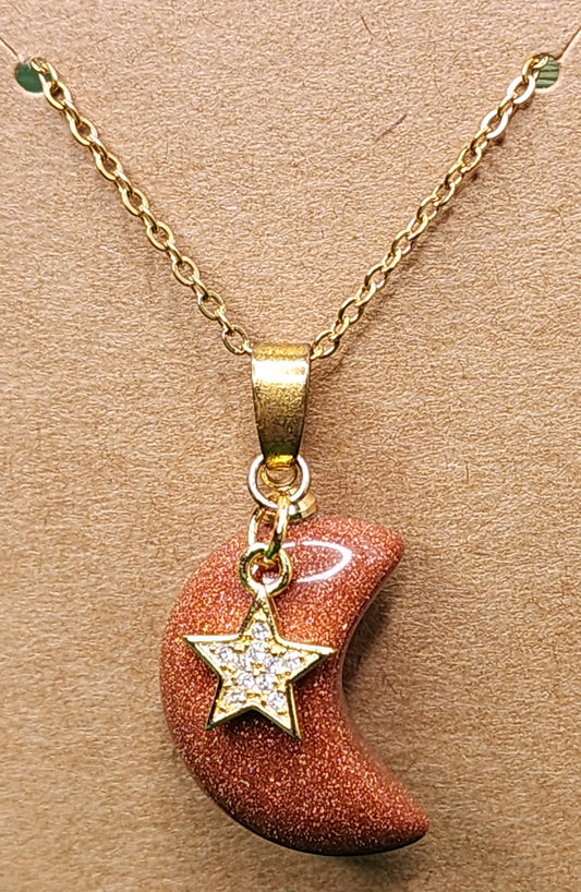 Goldstone Crescent Moon w/ Star Necklace 🌙