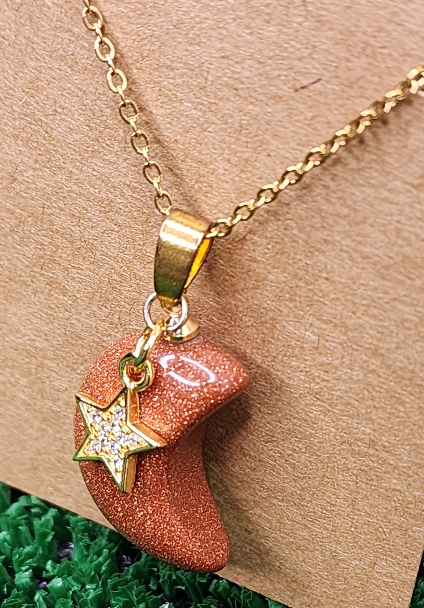 Goldstone Crescent Moon w/ Star Necklace 🌙