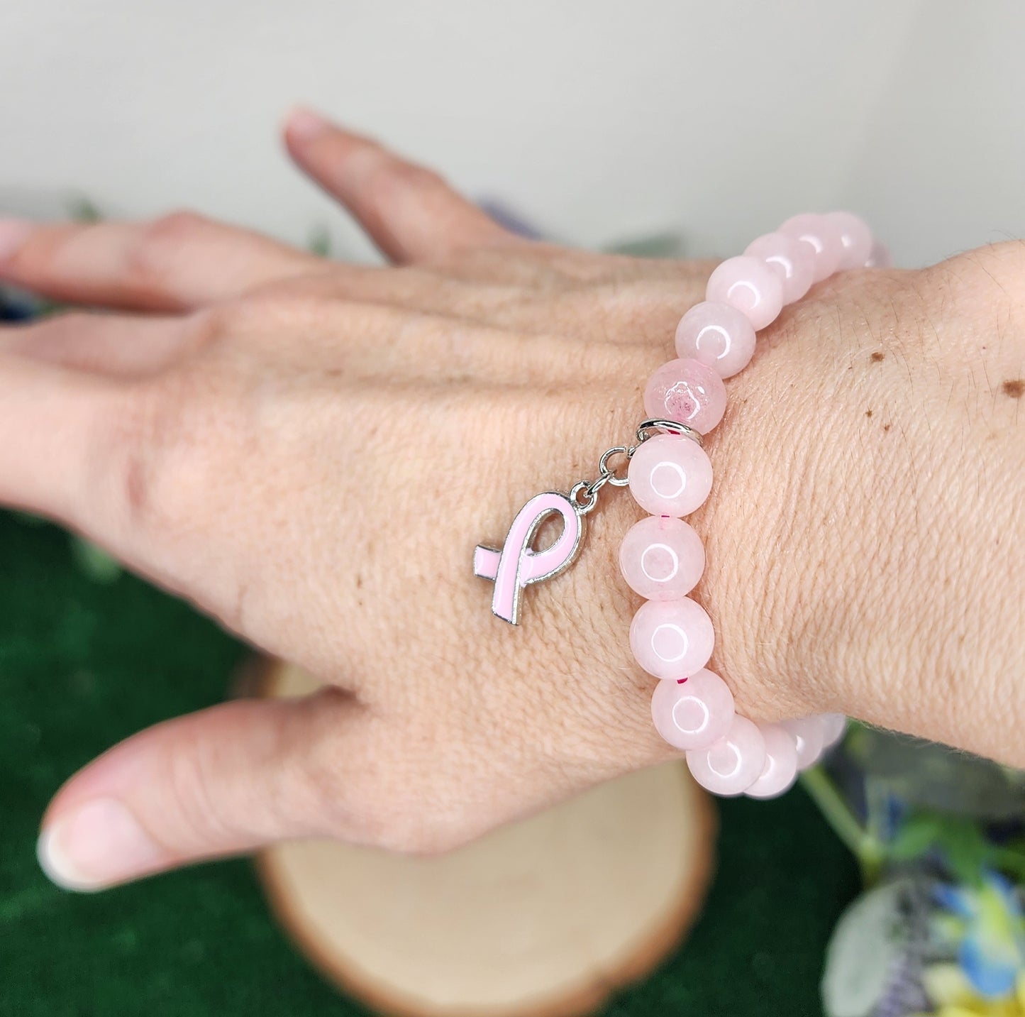 Pink Chalcedony Beaded Bracelets (8mm) w/ Breast Cancer Awareness Charm