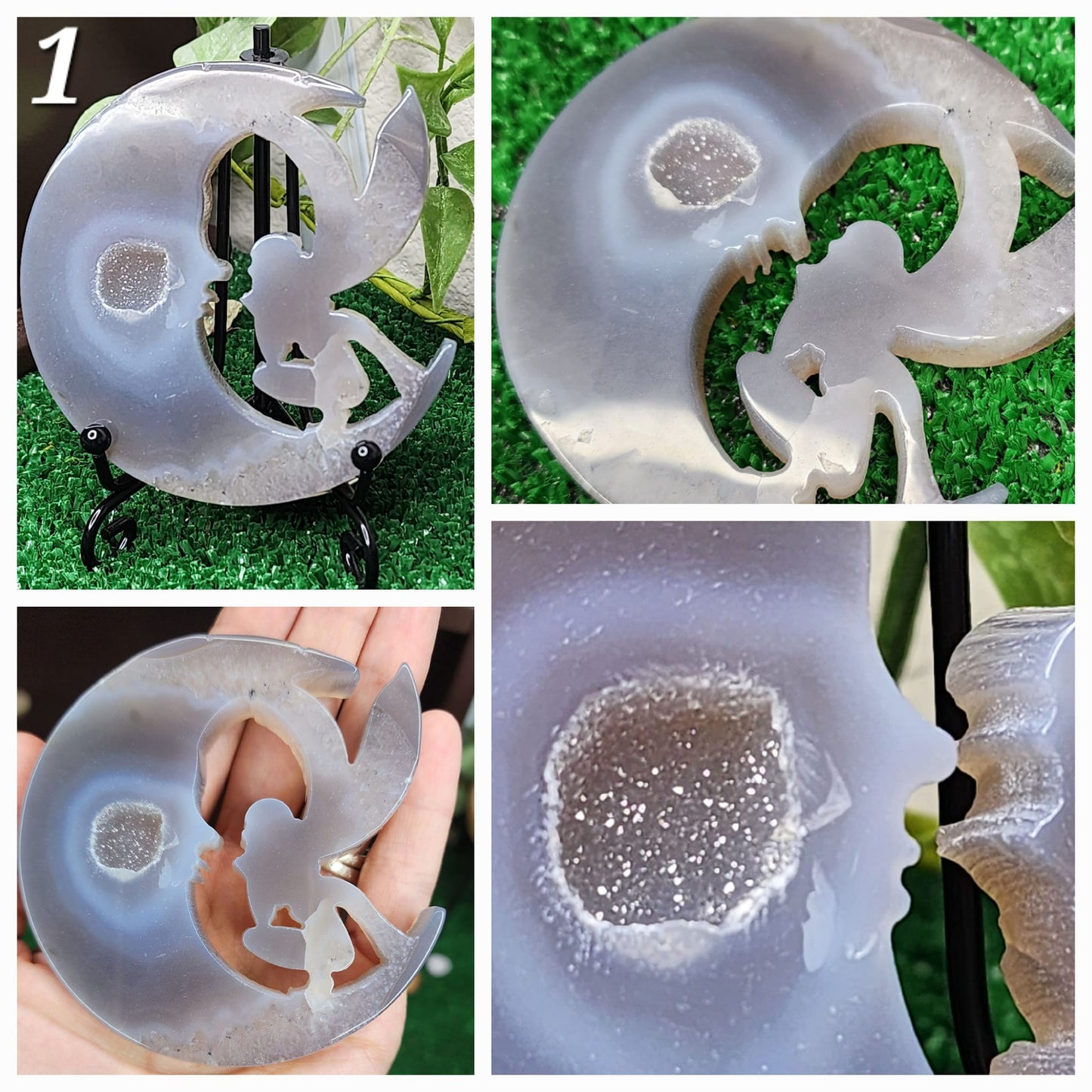Druzy Agate Fairy on Moon Carvings