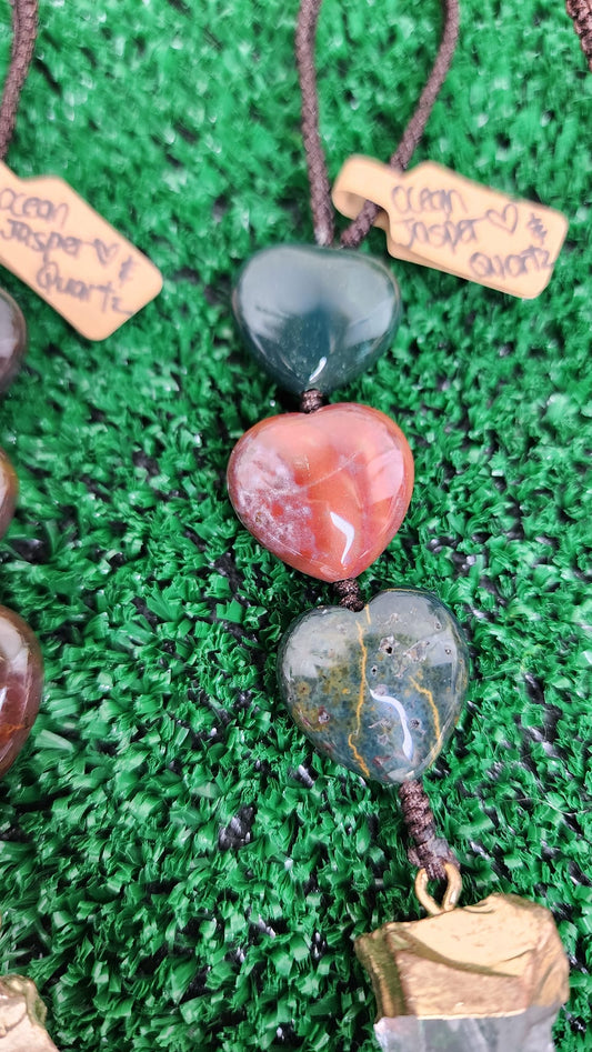 Ocean Jasper Triple Heart Hanger w/ Gold Coated Quartz Chunk