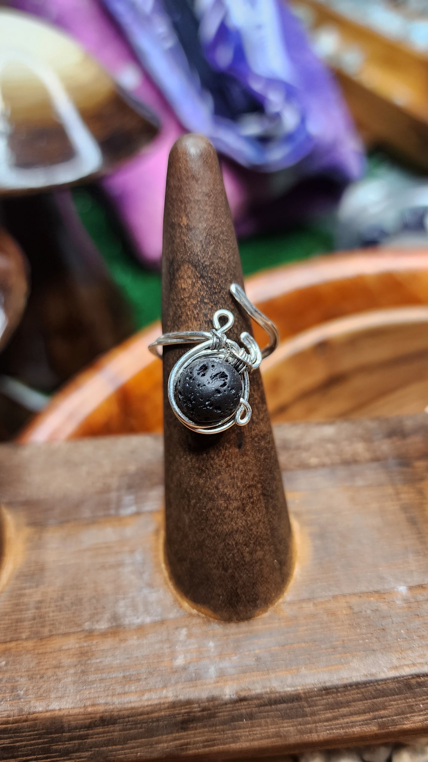 Black Lava Stone Twisted Wire Wrapped Ring 🖤 (Adjustable)