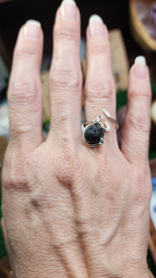Black Lava Stone Twisted Wire Wrapped Ring 🖤 (Adjustable)
