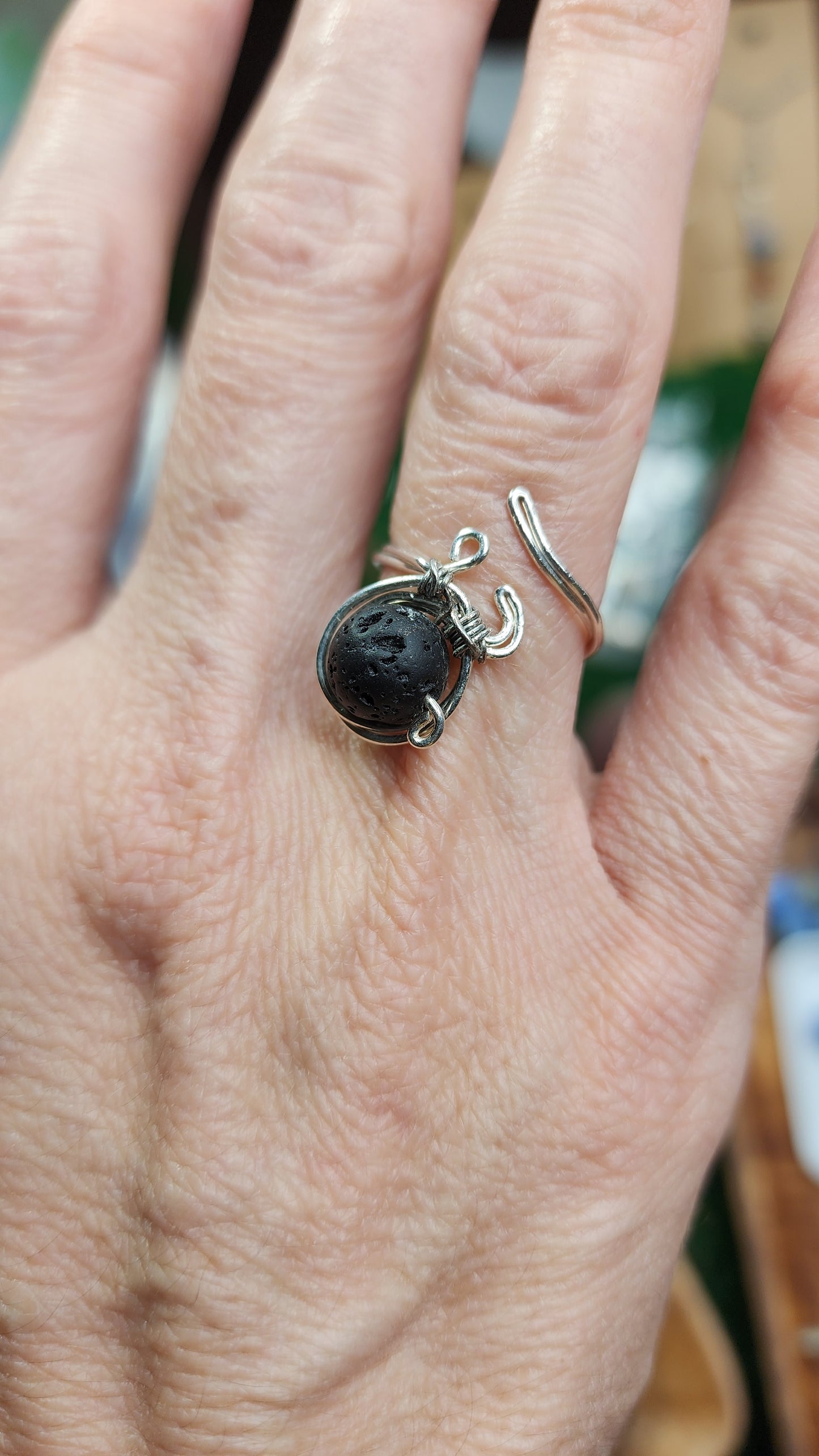 Black Lava Stone Twisted Wire Wrapped Ring 🖤 (Adjustable)
