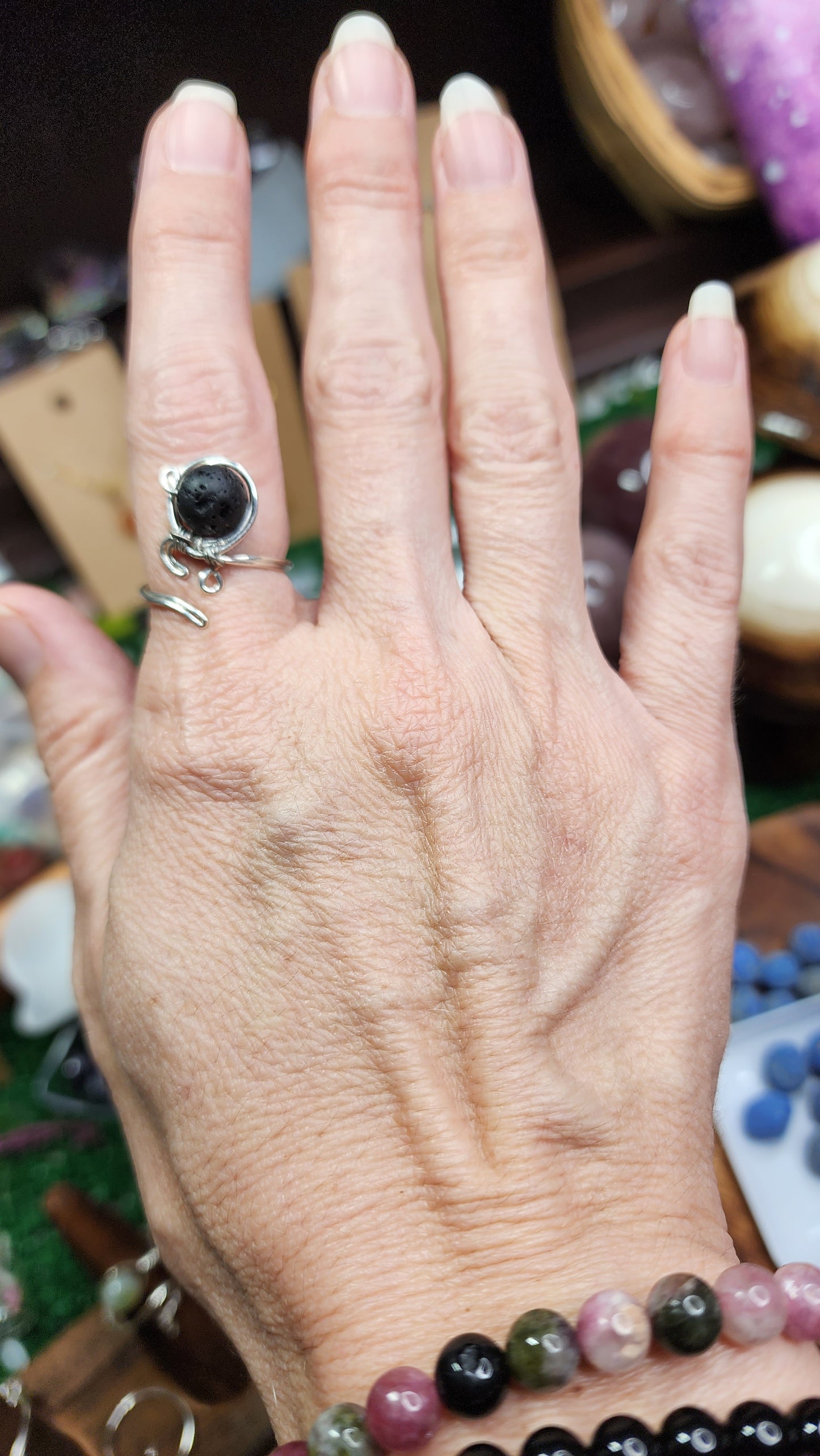 Black Lava Stone Twisted Wire Wrapped Ring 🖤 (Adjustable)