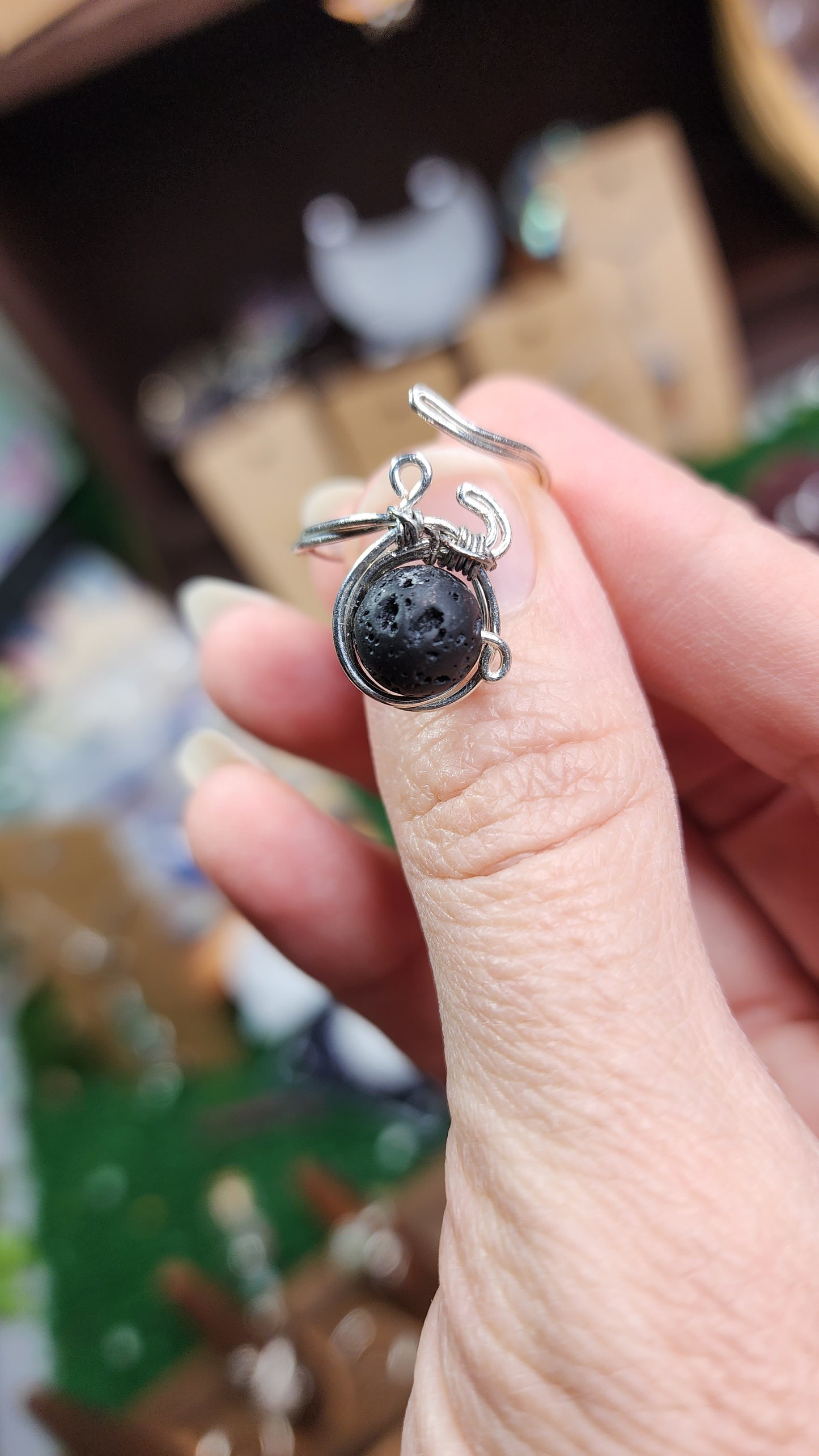 Black Lava Stone Twisted Wire Wrapped Ring 🖤 (Adjustable)