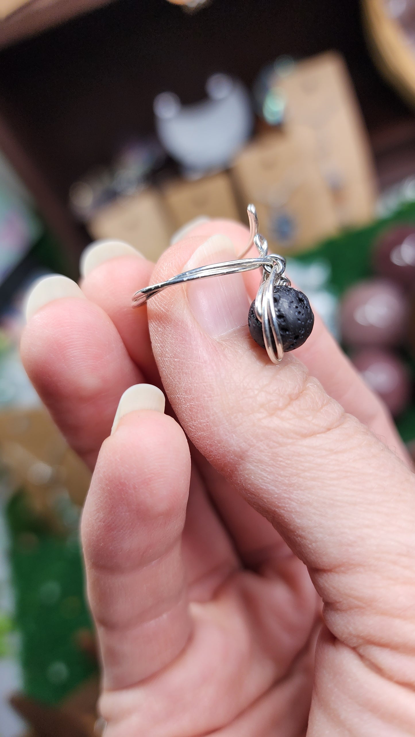Black Lava Stone Twisted Wire Wrapped Ring 🖤 (Adjustable)