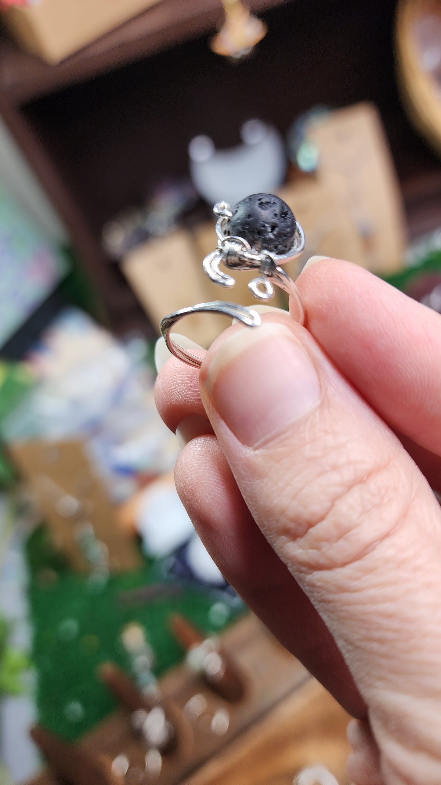 Black Lava Stone Twisted Wire Wrapped Ring 🖤 (Adjustable)