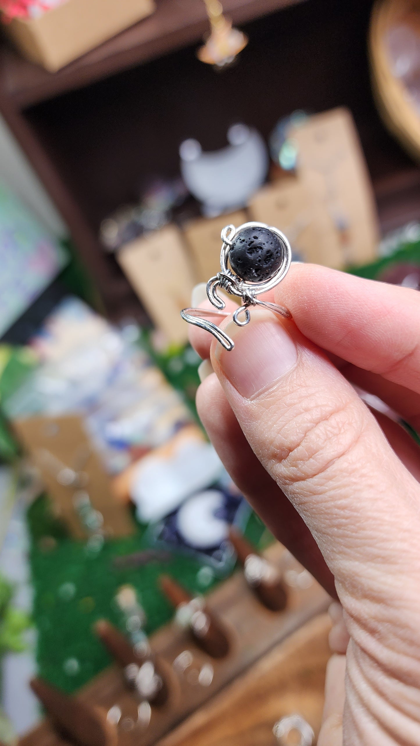 Black Lava Stone Twisted Wire Wrapped Ring 🖤 (Adjustable)