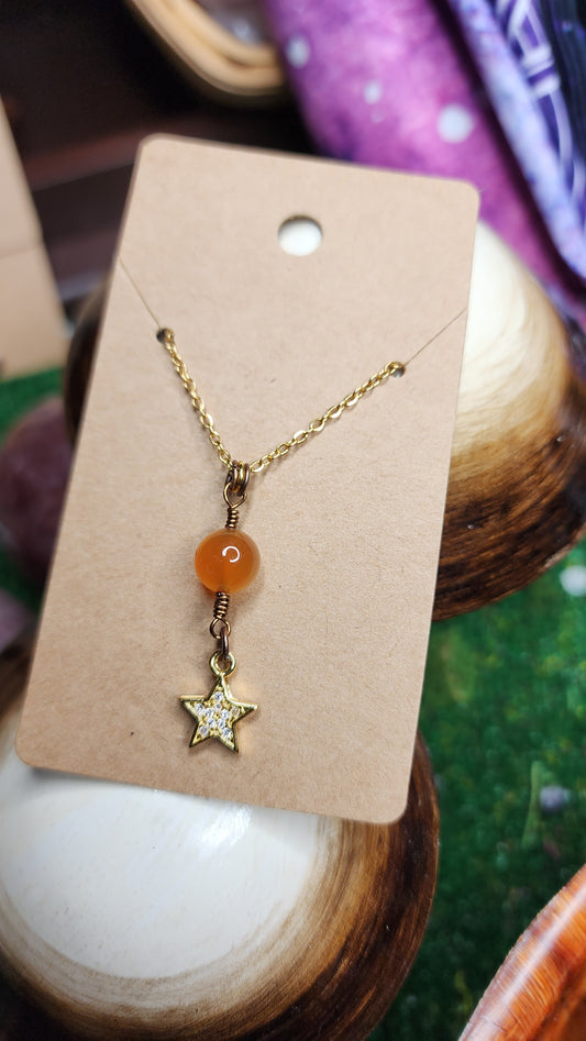 Orange Flower Agate w/ Gold Rhinestone Star Necklace 🧡