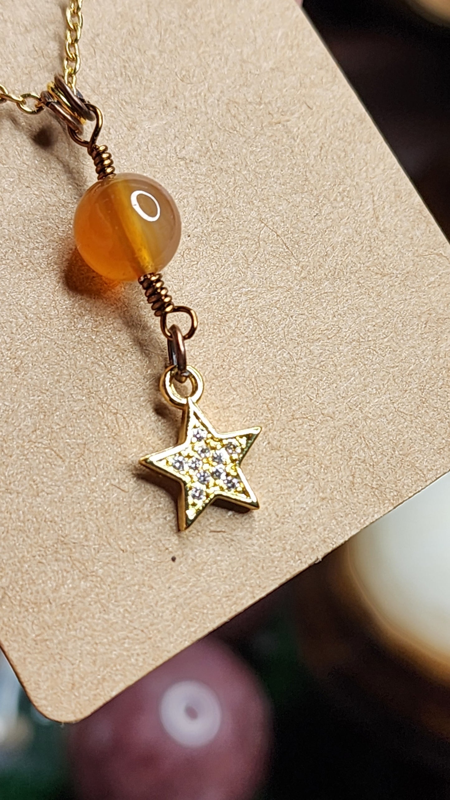 Orange Flower Agate w/ Gold Rhinestone Star Necklace 🧡