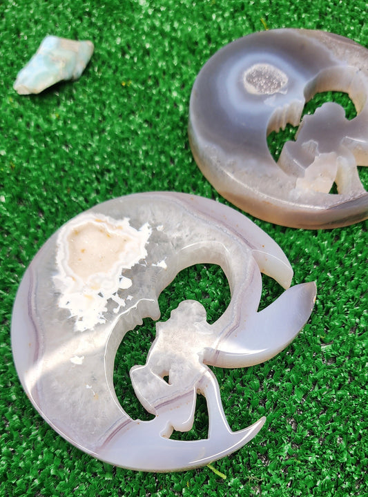 Druzy Agate Fairy on Moon Carvings