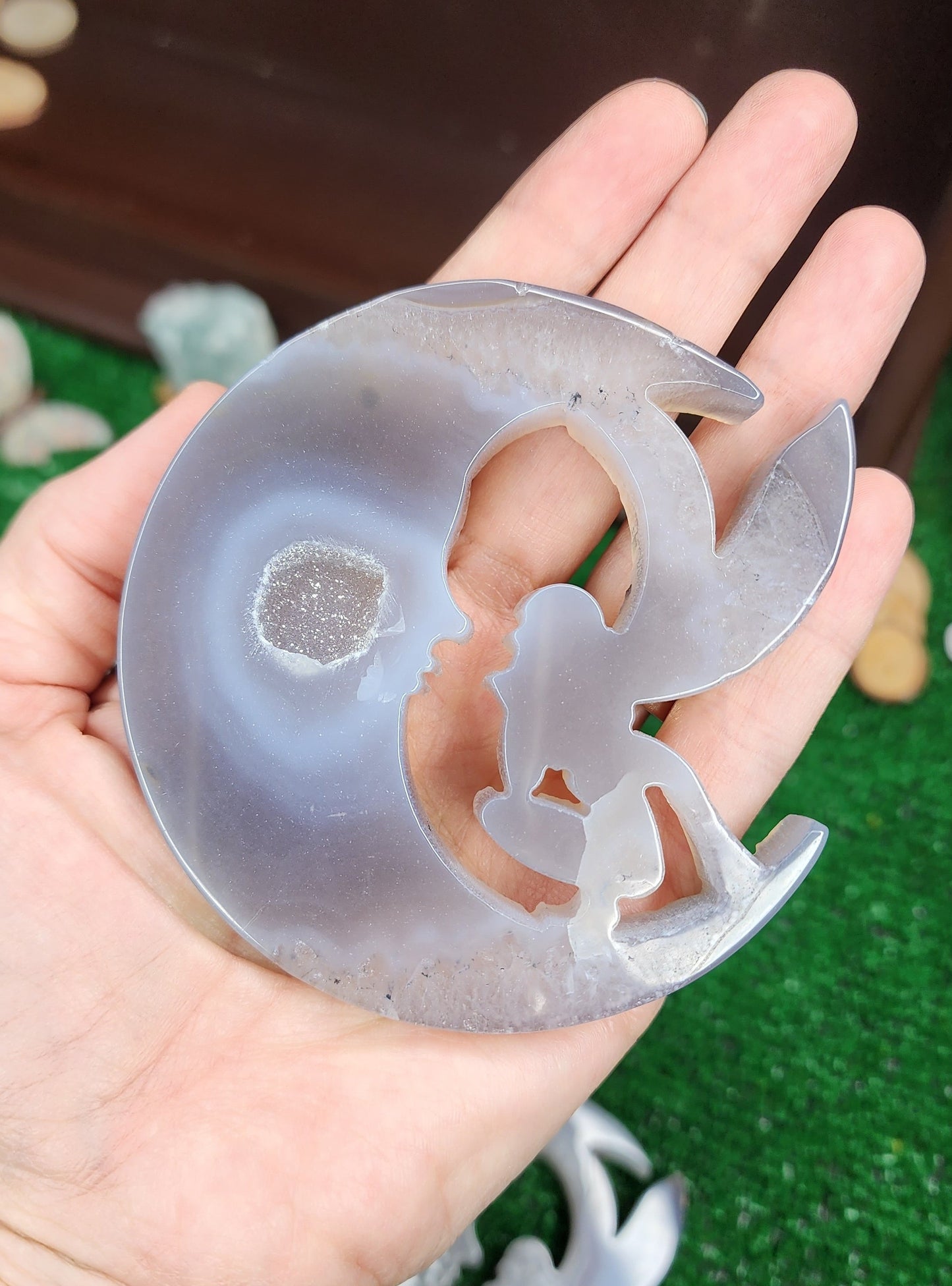 Druzy Agate Fairy on Moon Carvings