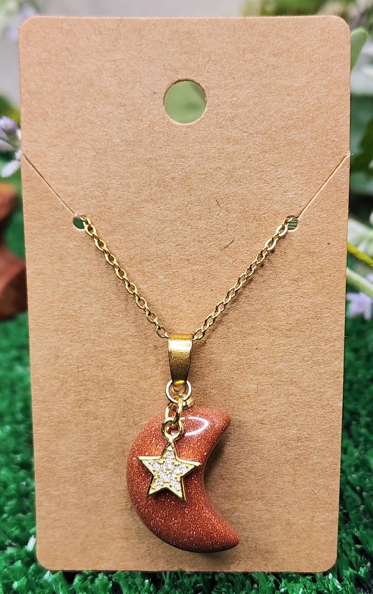 Goldstone Crescent Moon w/ Star Necklace 🌙