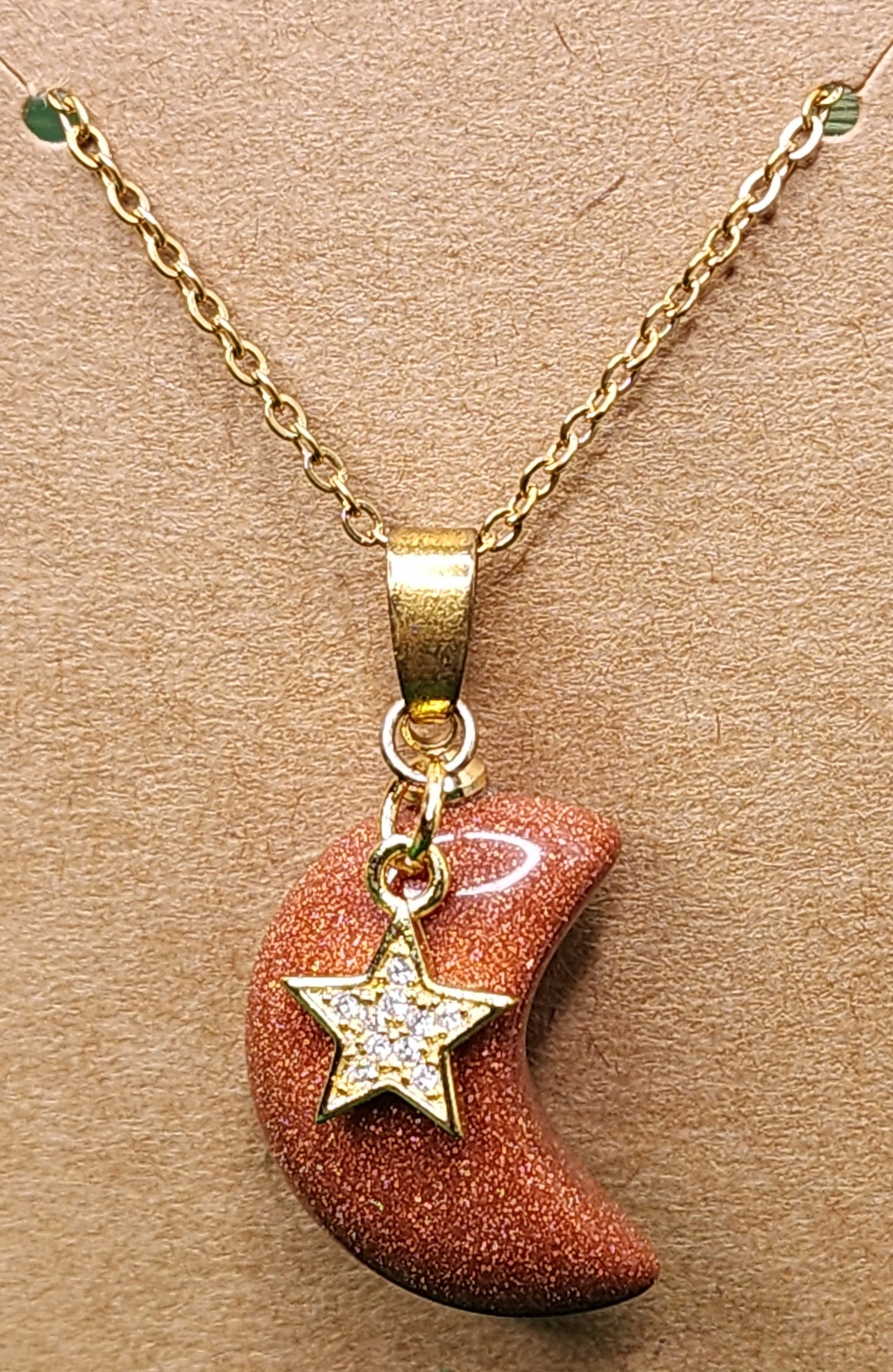 Goldstone Crescent Moon w/ Star Necklace 🌙