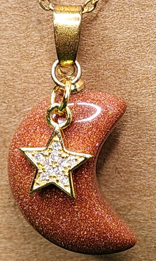 Goldstone Crescent Moon w/ Star Necklace 🌙