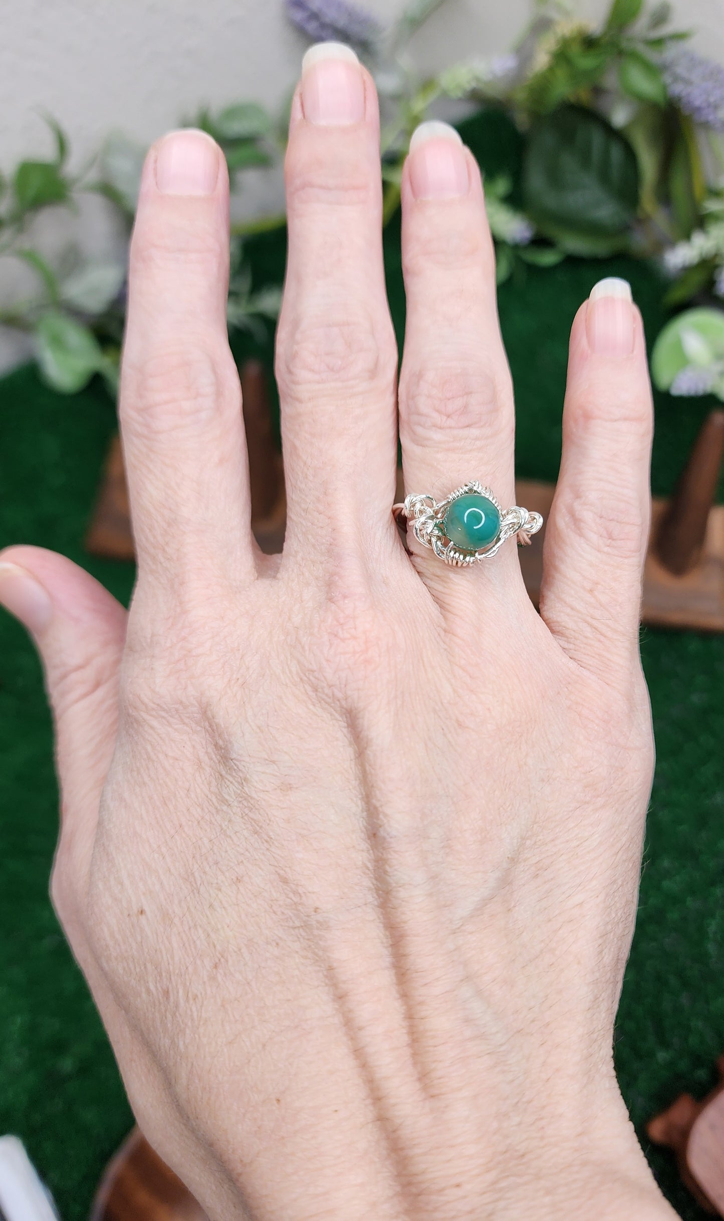 Green Flower Agate Twisted Wire Wrapped Ring 💚🌸