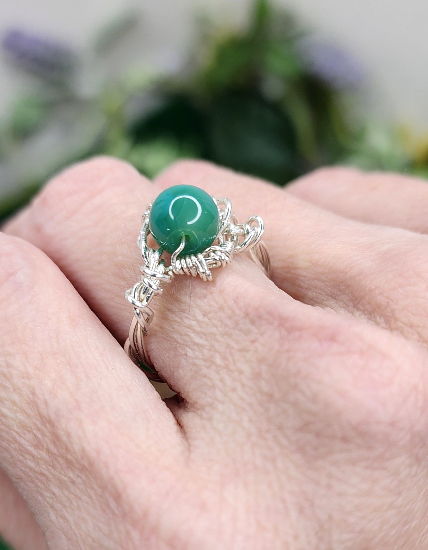 Green Flower Agate Twisted Wire Wrapped Ring 💚🌸