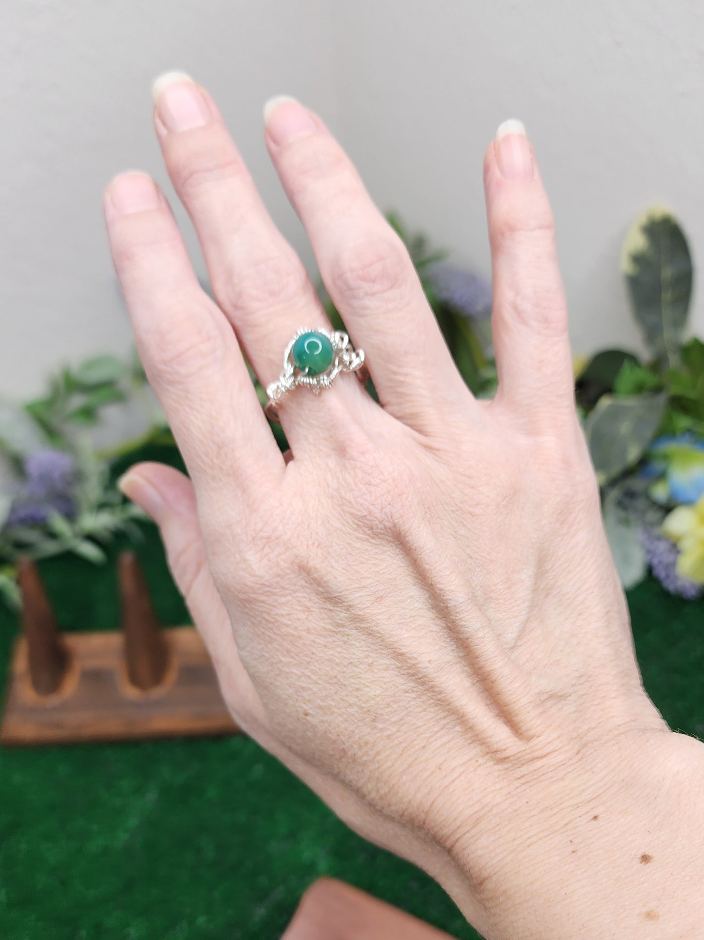 Green Flower Agate Twisted Wire Wrapped Ring 💚🌸