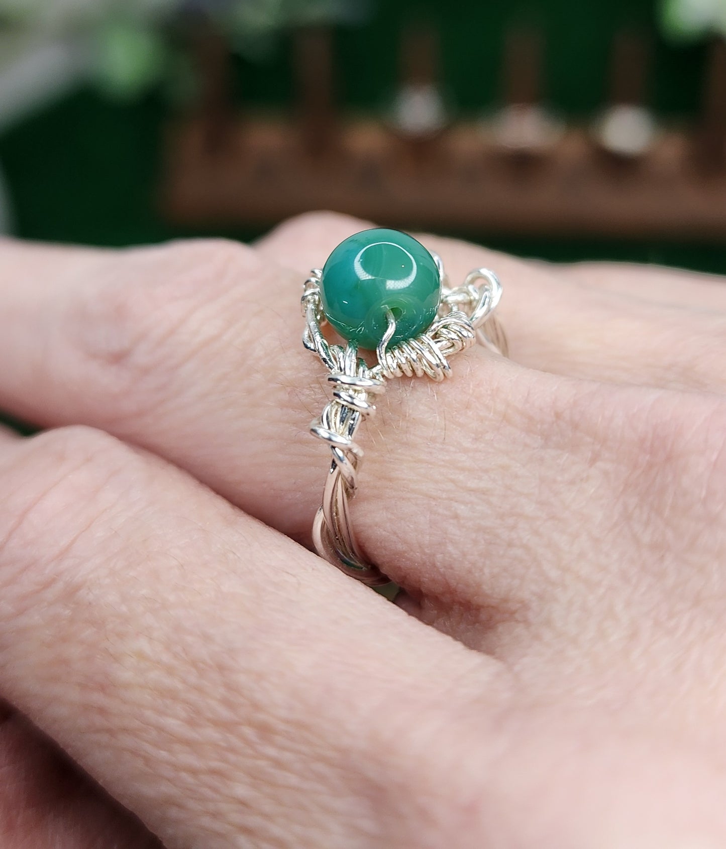 Green Flower Agate Twisted Wire Wrapped Ring 💚🌸