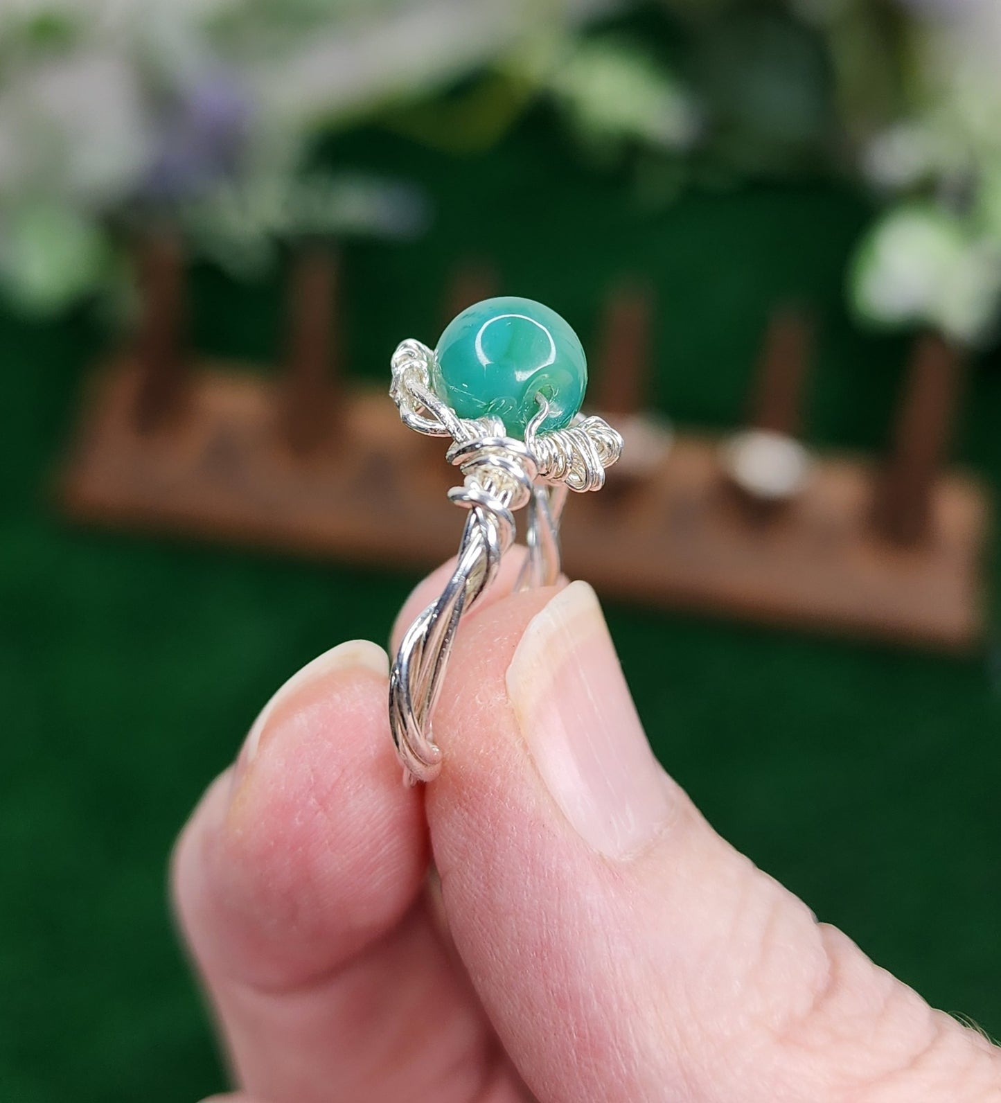 Green Flower Agate Twisted Wire Wrapped Ring 💚🌸