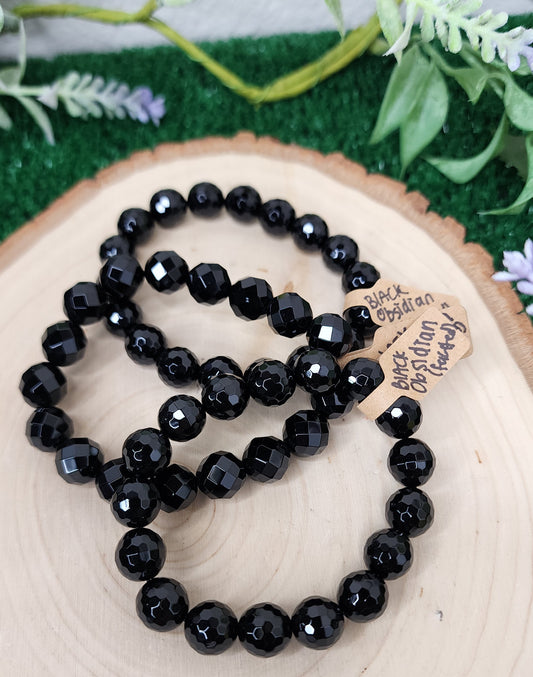Faceted Black Obsidian Bracelets (10mm)