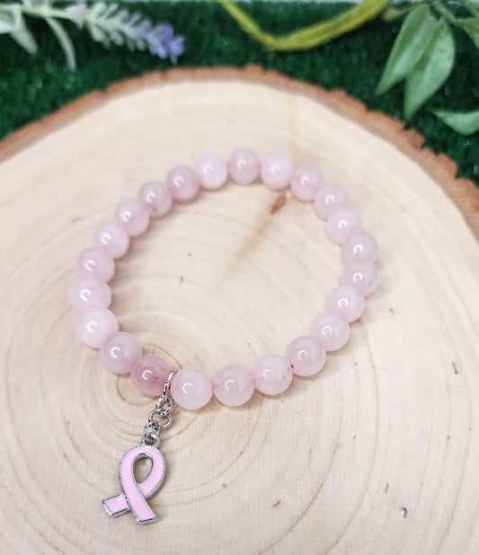 Pink Chalcedony Beaded Bracelets (8mm) w/ Breast Cancer Awareness Charm