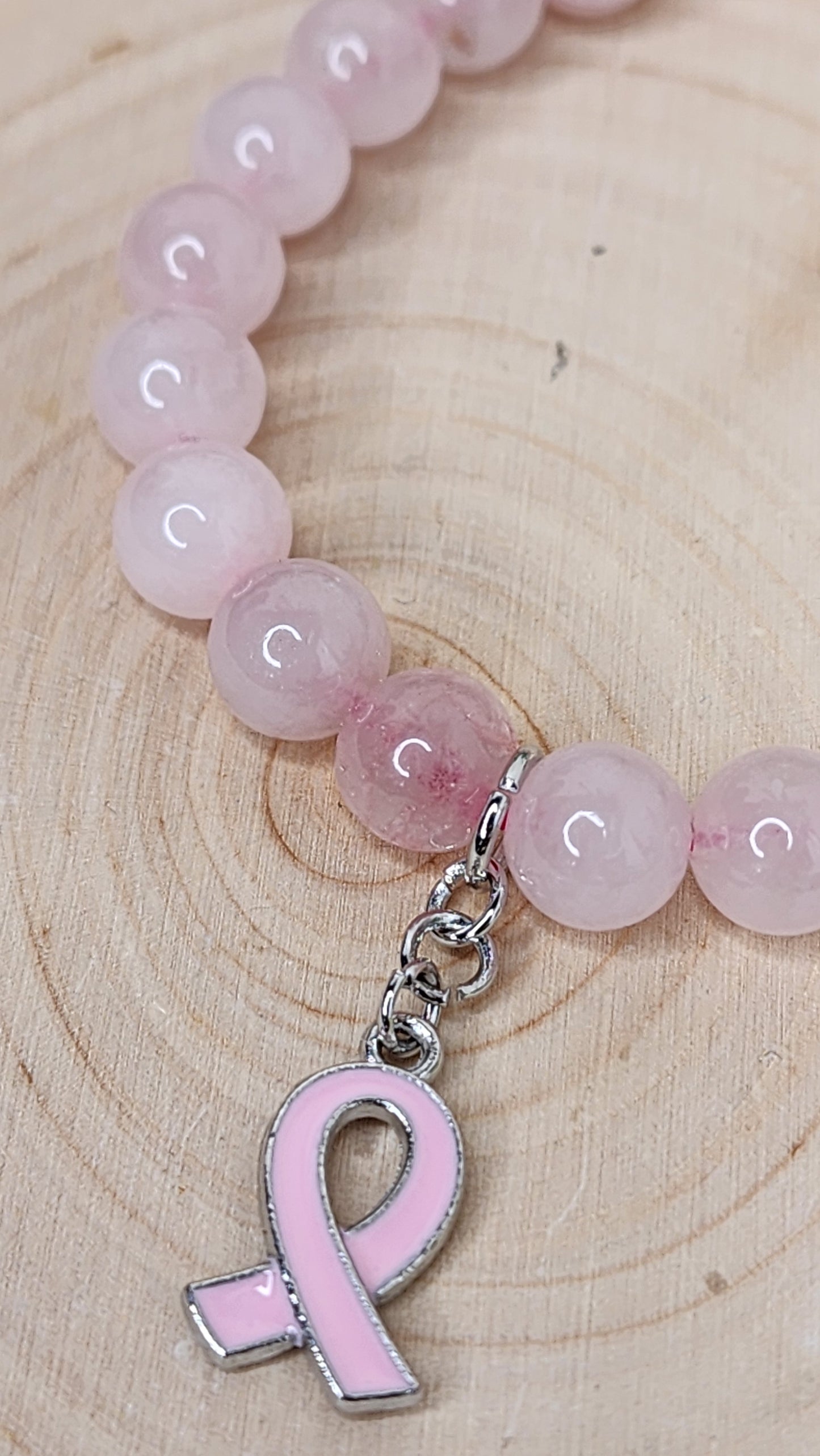 Pink Chalcedony Beaded Bracelets (8mm) w/ Breast Cancer Awareness Charm