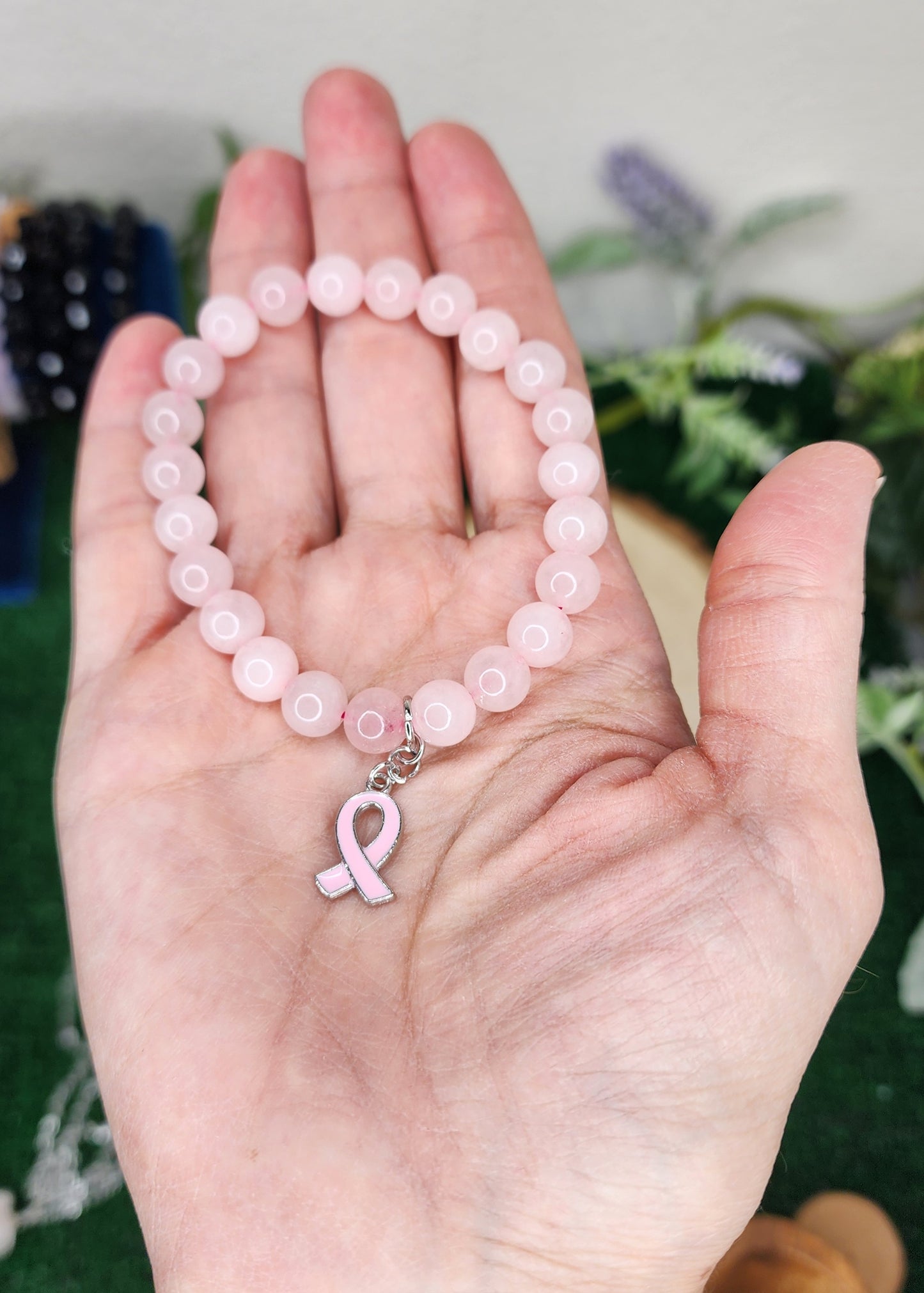 Pink Chalcedony Beaded Bracelets (8mm) w/ Breast Cancer Awareness Charm