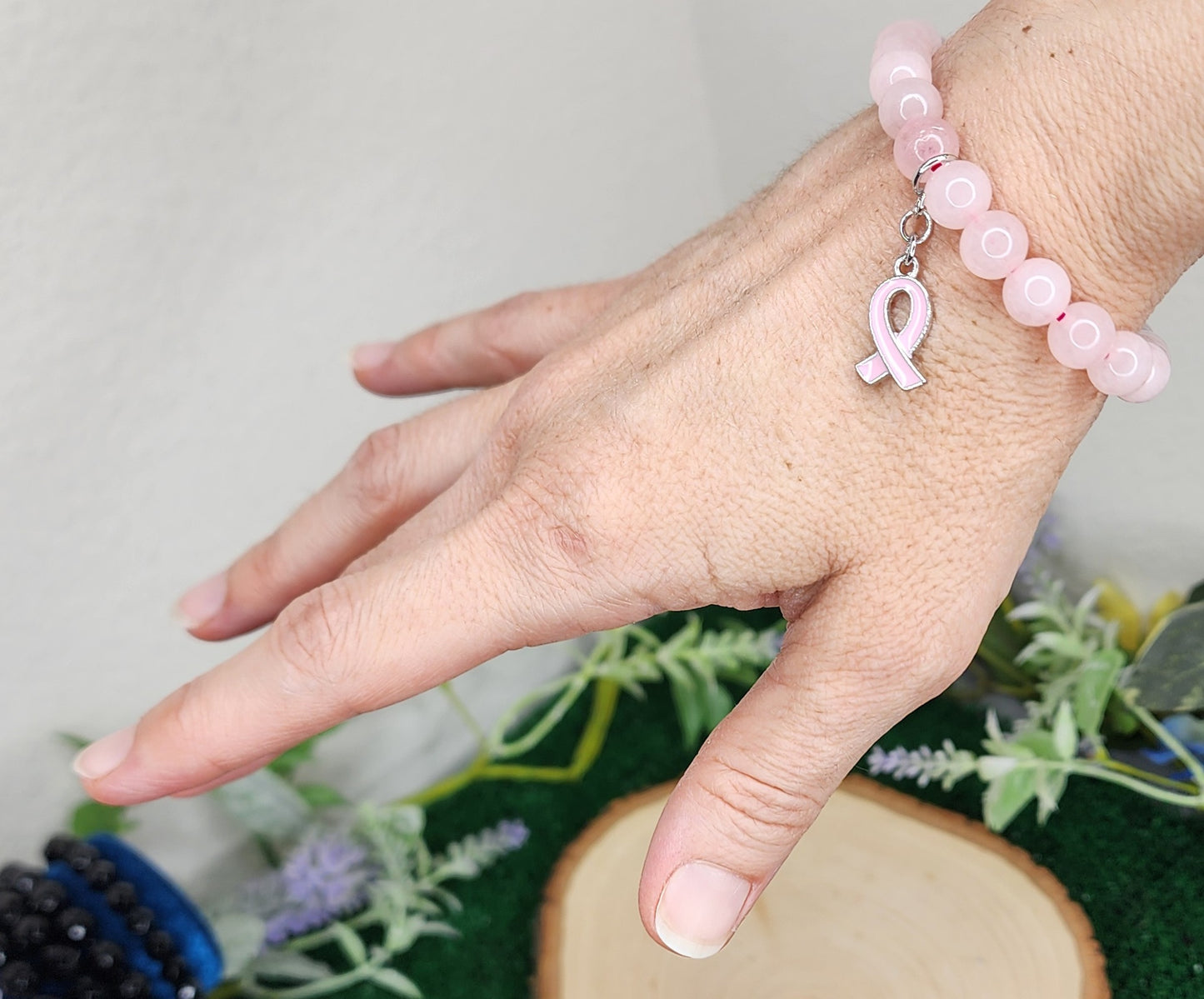 Pink Chalcedony Beaded Bracelets (8mm) w/ Breast Cancer Awareness Charm