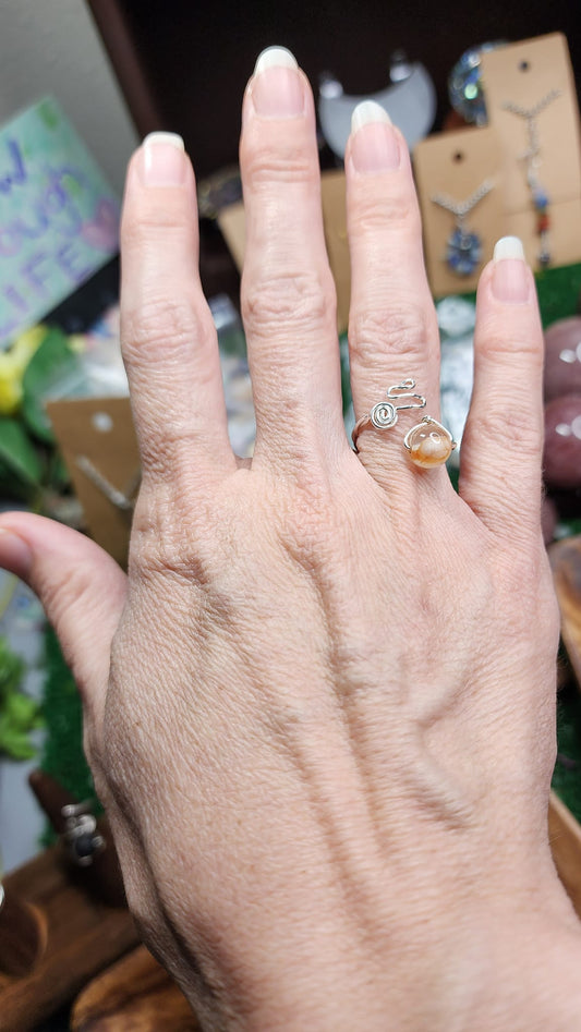 Orange Flower Agate Twisted Wire Wrapped Ring (Adjustable)