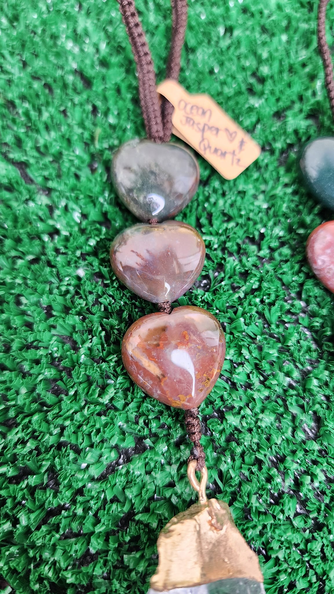 Ocean Jasper Triple Heart Hanger w/ Gold Coated Quartz Chunk