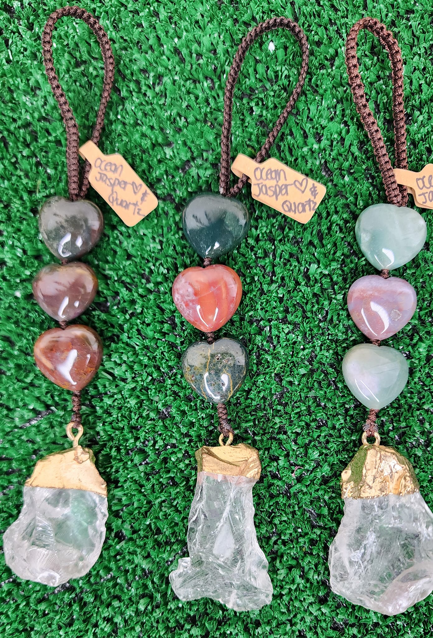 Ocean Jasper Triple Heart Hanger w/ Gold Coated Quartz Chunk