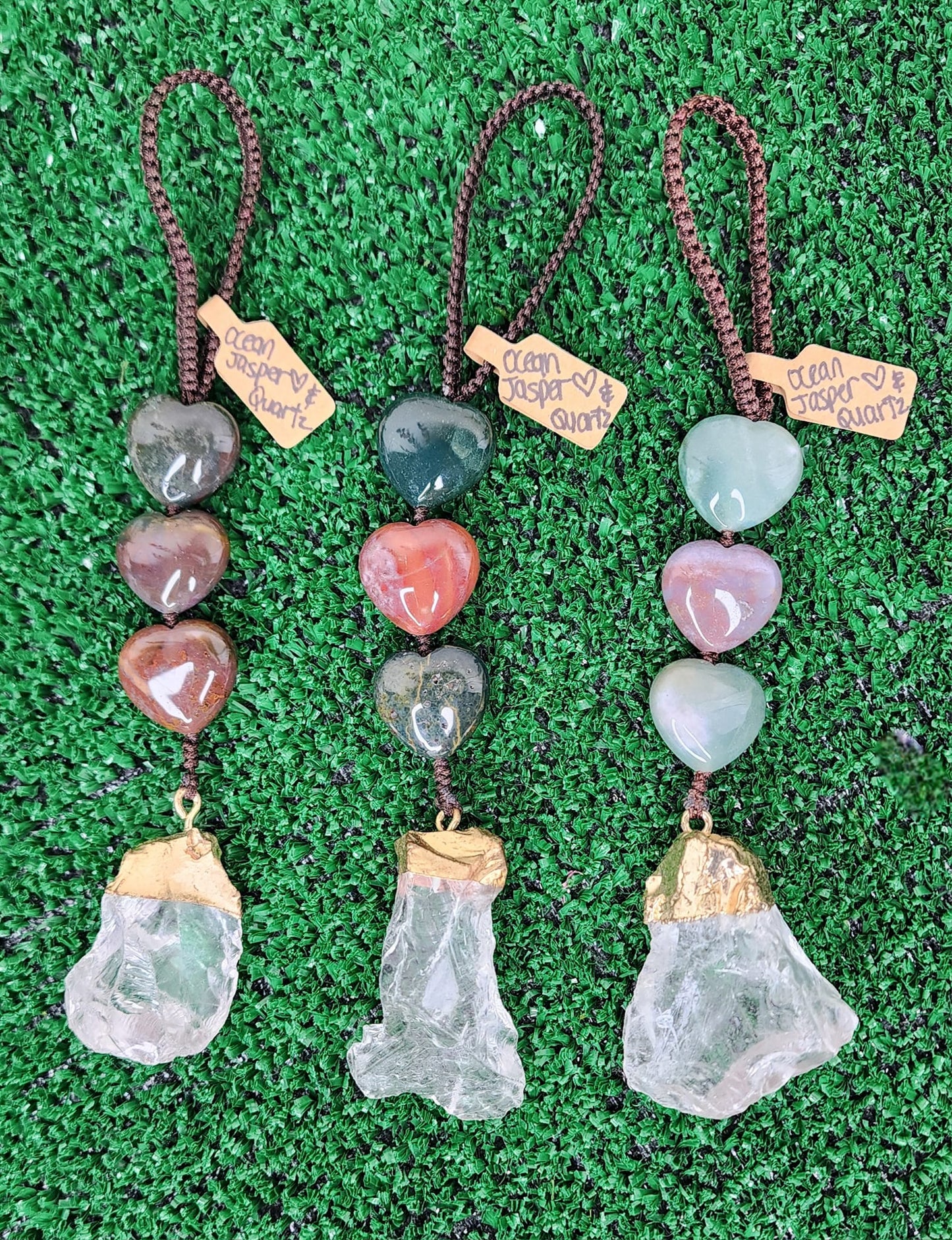 Ocean Jasper Triple Heart Hanger w/ Gold Coated Quartz Chunk