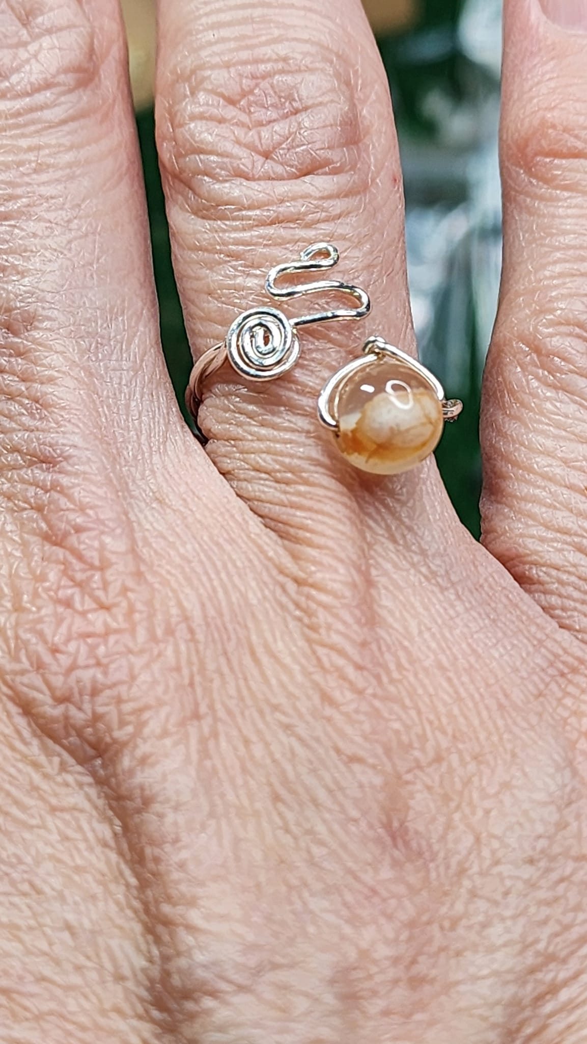 Orange Flower Agate Twisted Wire Wrapped Ring (Adjustable)