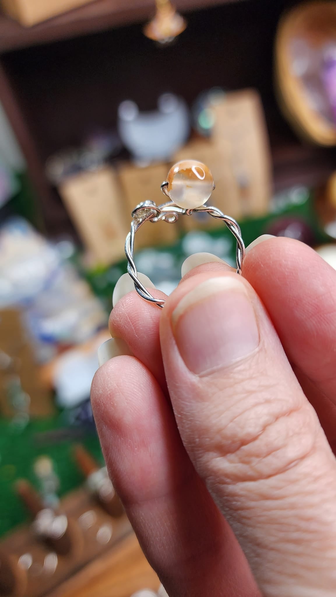 Orange Flower Agate Twisted Wire Wrapped Ring (Adjustable)