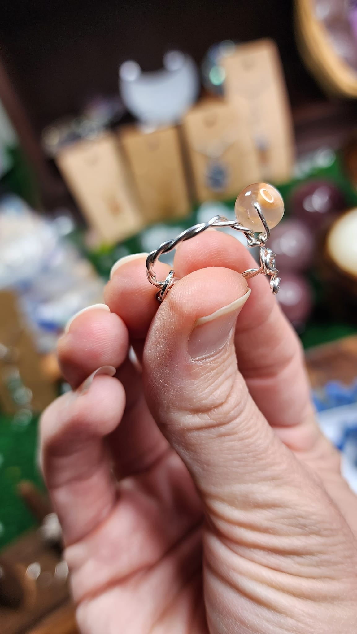 Orange Flower Agate Twisted Wire Wrapped Ring (Adjustable)