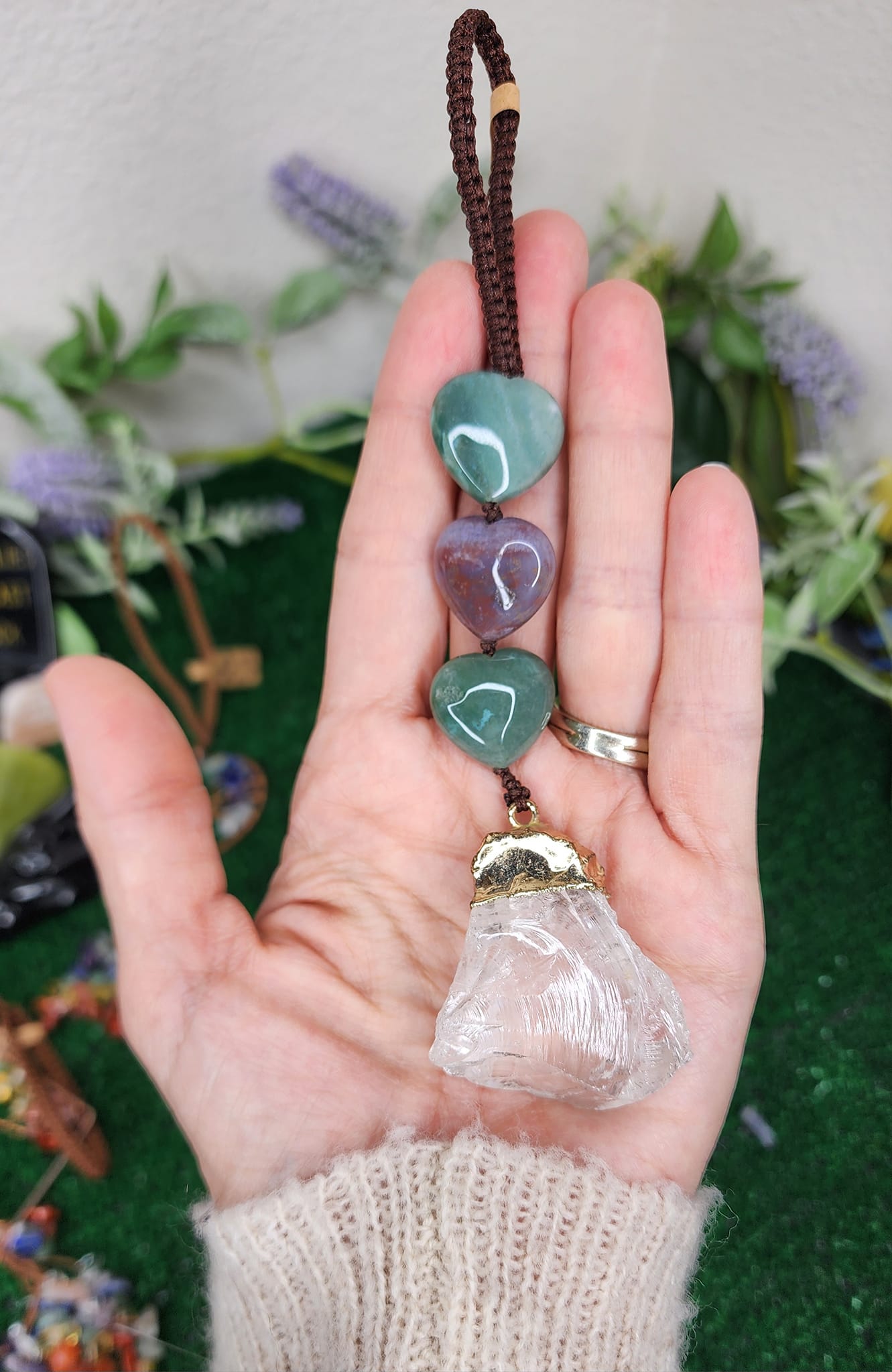 Ocean Jasper Triple Heart Hanger w/ Gold Coated Quartz Chunk