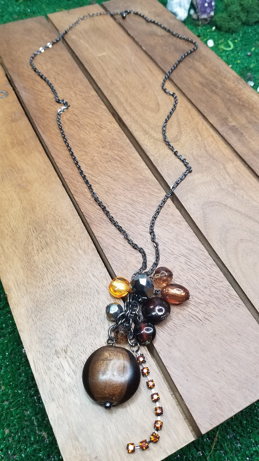 Long Charcoal and Brown Beaded Necklace with Charms