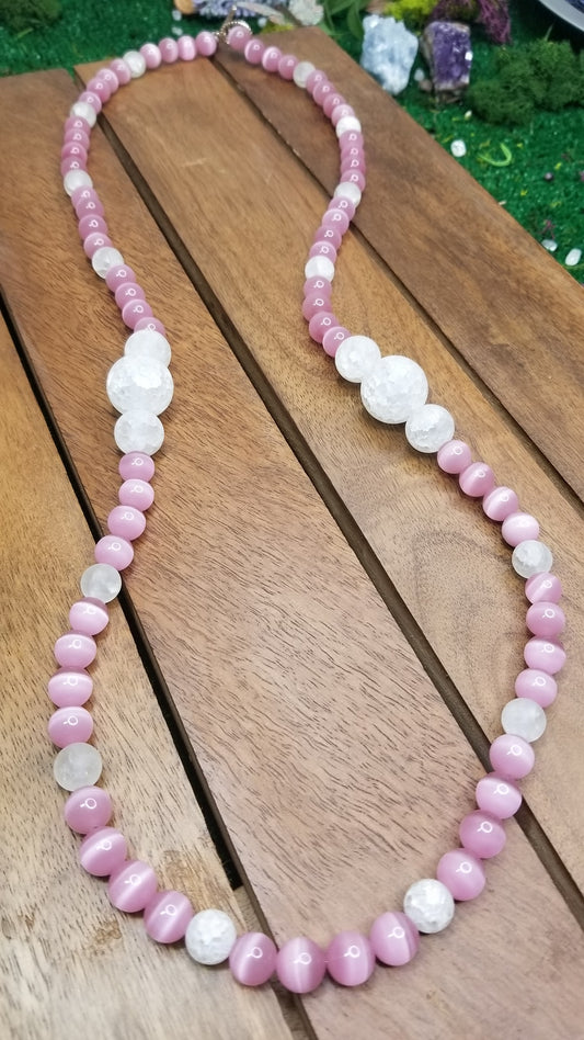 Pink Cat's Eye and Crackle Quartz Necklace