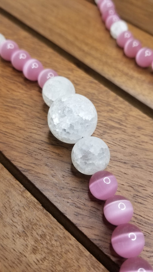 Pink Cat's Eye and Crackle Quartz Necklace