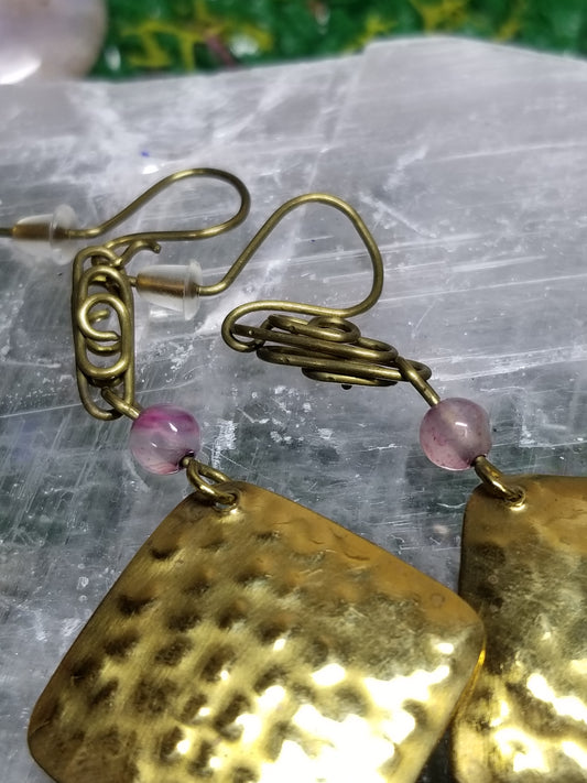 Bronze Square Earrings with Purple Agate