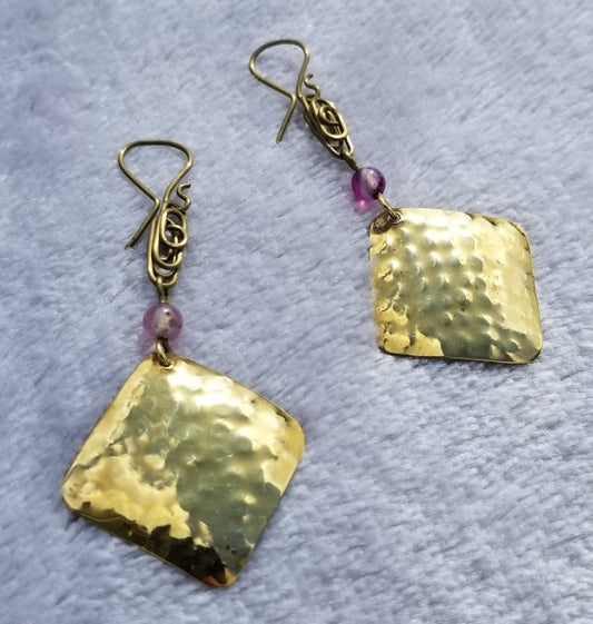 Bronze Square Earrings with Purple Agate